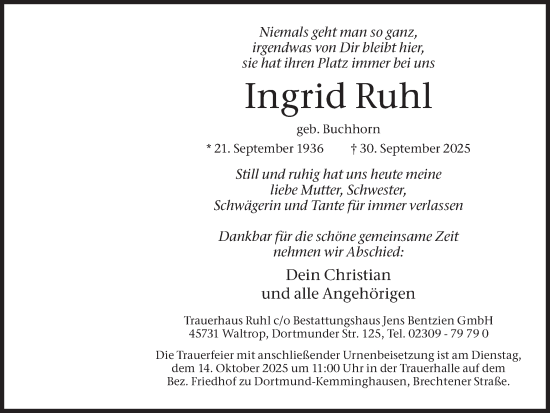 Traueranzeige von Ingrid Ruhl von Ruhr Nachrichten