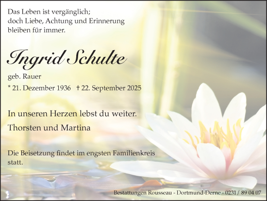 Traueranzeige von Ingrid Schulte von Ruhr Nachrichten