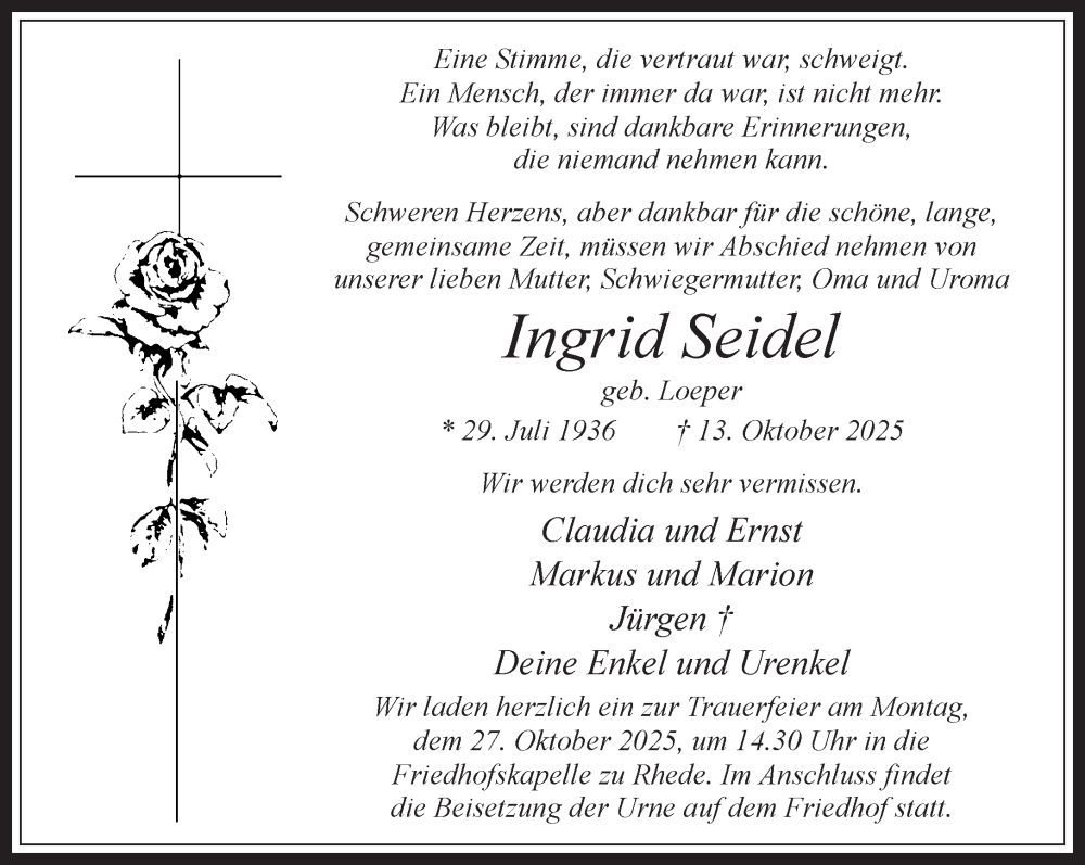  Traueranzeige für Ingrid Seidel vom 24.10.2025 aus 