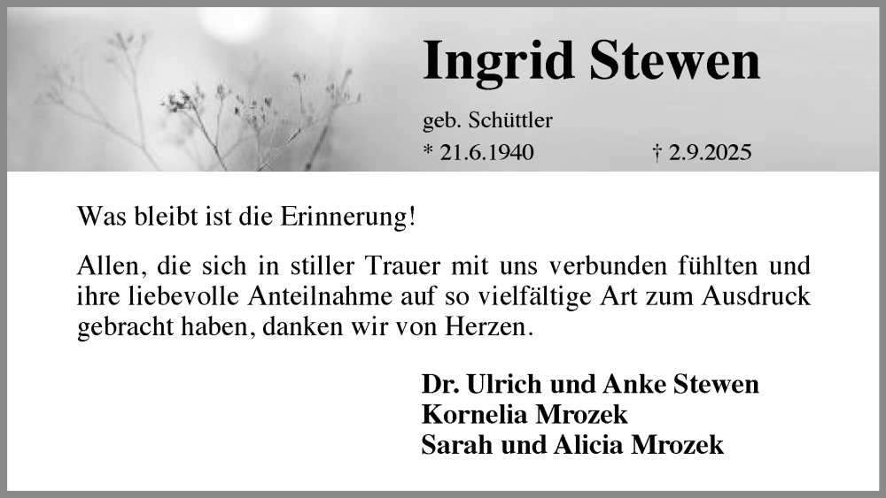  Traueranzeige für Ingrid Stewen vom 04.10.2025 aus Ruhr Nachrichten