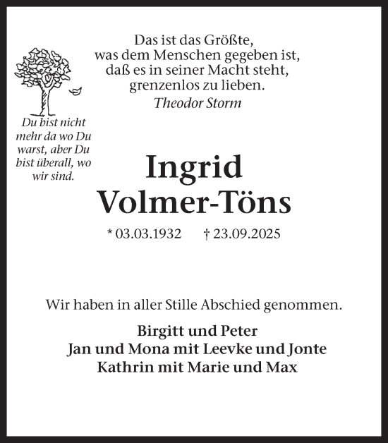 Traueranzeige von Ingrid Volmer-Töns von Trauer Vest
