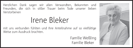 Traueranzeige von Irene Bleker 