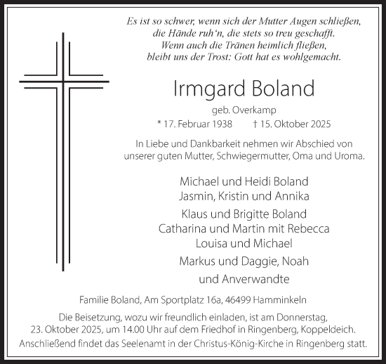Traueranzeige von Irmgard Boland 