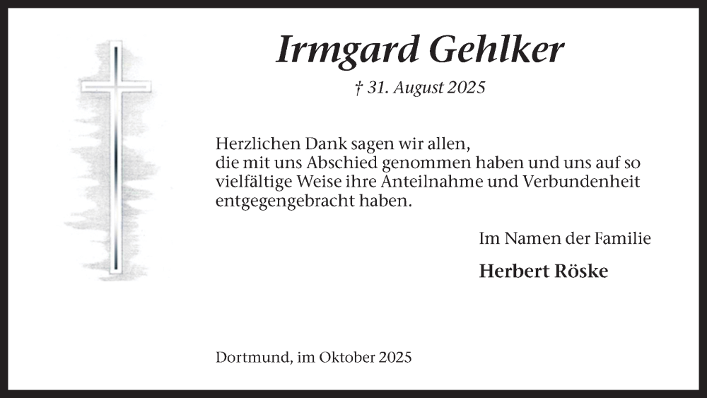  Traueranzeige für Irmgard Gehlker vom 18.10.2025 aus Ruhr Nachrichten