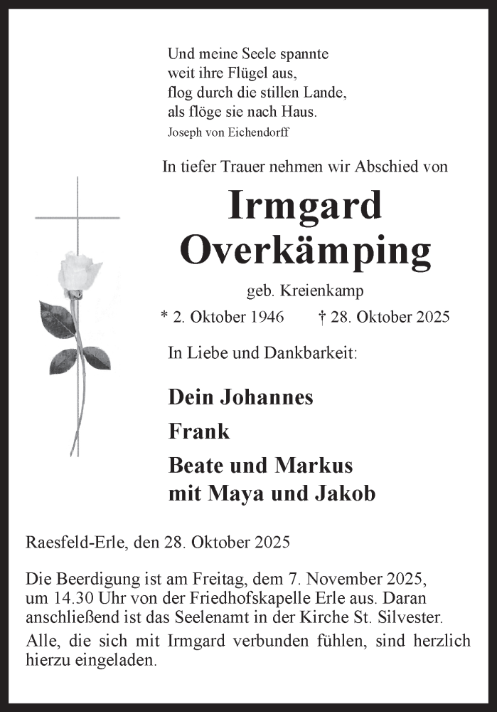  Traueranzeige für Irmgard Overkämping vom 01.11.2025 aus Ruhr Nachrichten und Dorstener Zeitung