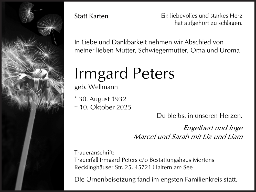  Traueranzeige für Irmgard Peters vom 25.10.2025 aus Ruhr Nachrichten und Halterner Zeitung