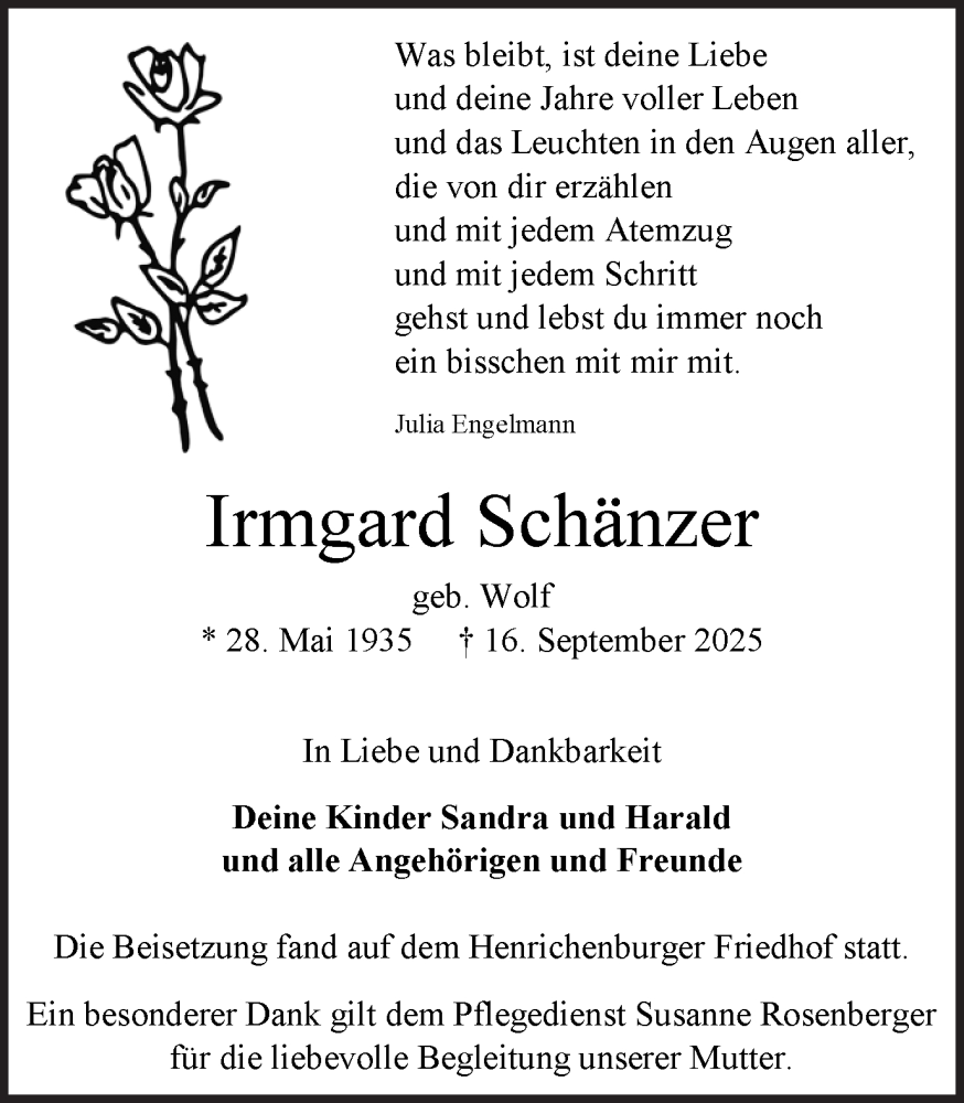  Traueranzeige für Irmgard Schänzer vom 11.10.2025 aus Stadtanzeiger Castrop-Rauxel