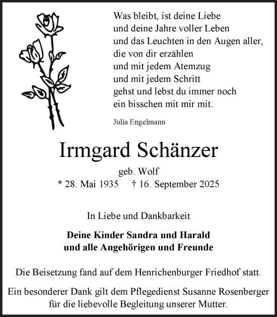 Traueranzeige von Irmgard Schänzer von Stadtanzeiger Castrop-Rauxel