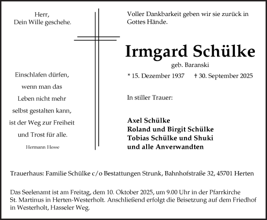 Traueranzeige von Irmgard Schülke von Trauer Vest