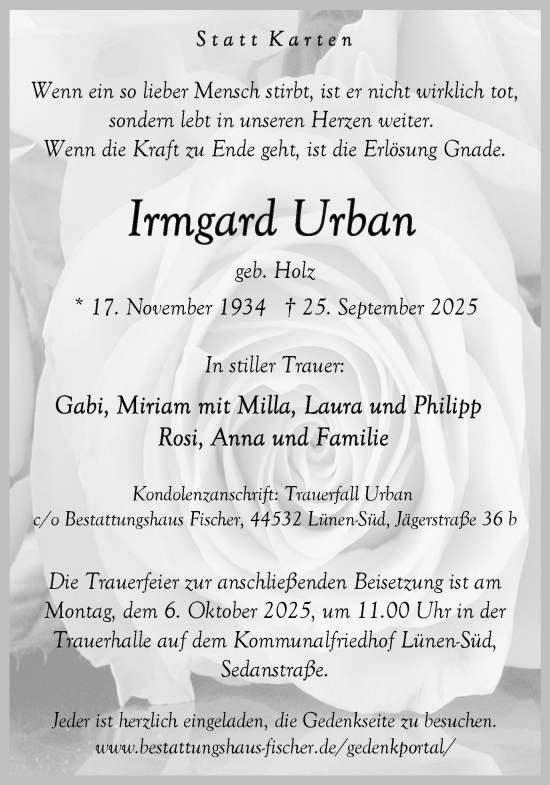 Traueranzeige von Irmgard Urban von Lüner Anzeiger