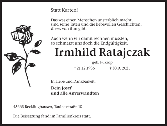 Traueranzeige von Irmhild Ratajczak von Trauer Vest