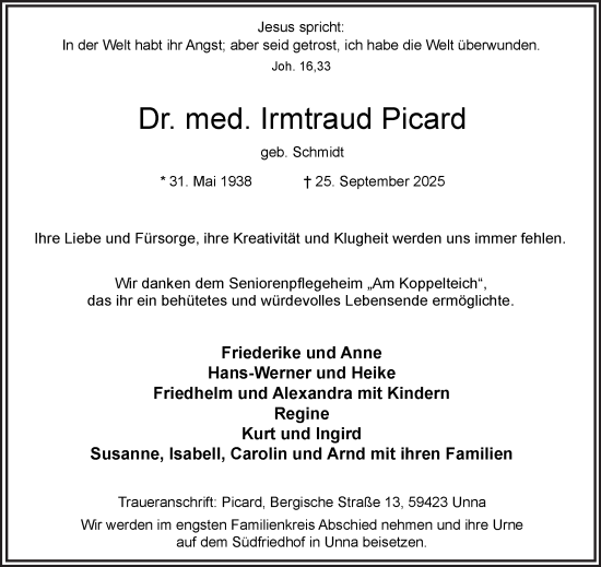 Traueranzeige von Irmtraud Picard von Hellweger Anzeiger