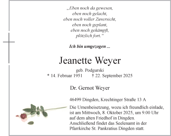 Traueranzeige von Jeanette Weyer 