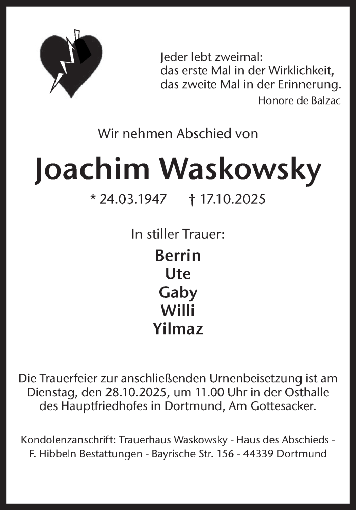  Traueranzeige für Joachim Waskowsky vom 25.10.2025 aus Ruhr Nachrichten
