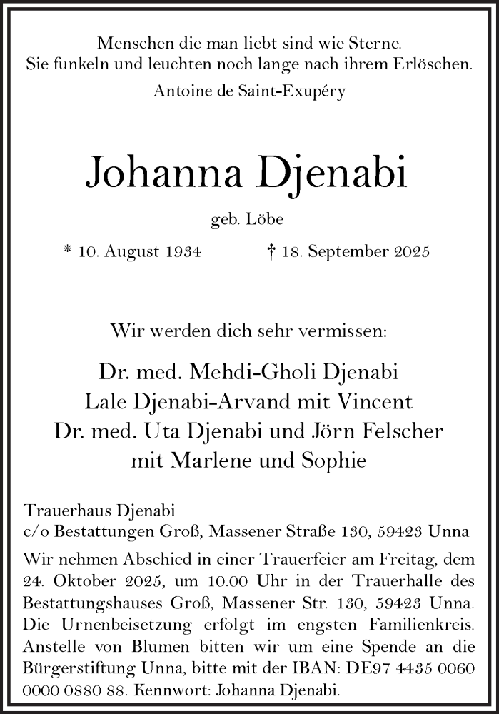  Traueranzeige für Johanna Djenabi vom 04.10.2025 aus Hellweger Anzeiger