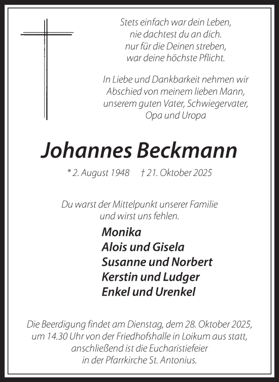 Traueranzeige von Johannes Beckmann 