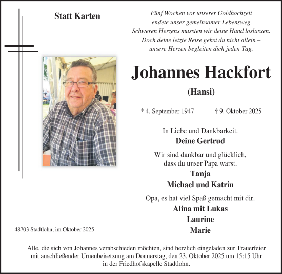 Traueranzeige von Johannes Hackfort von Münsterland Zeitung