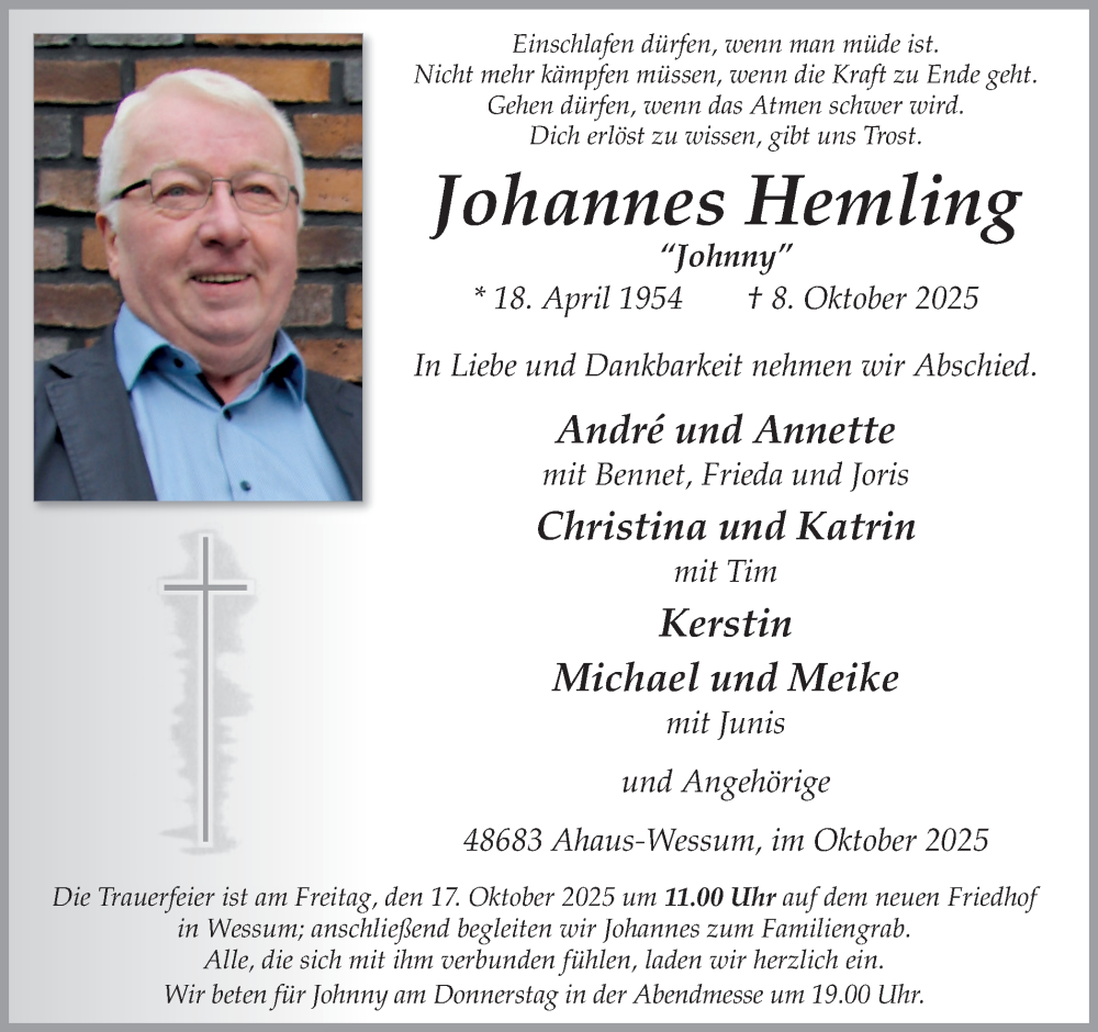  Traueranzeige für Johannes Hemling vom 11.10.2025 aus Münsterland Zeitung