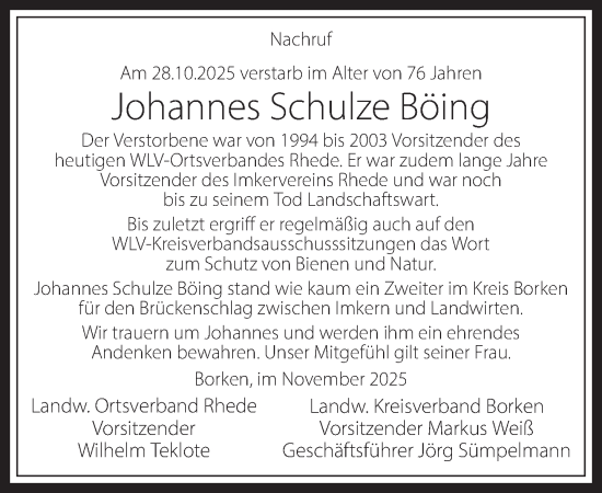 Traueranzeige von Johannes Schulze Böing 