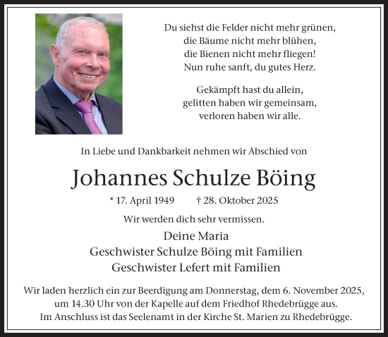 Traueranzeige von Johannes Schulze Böing 
