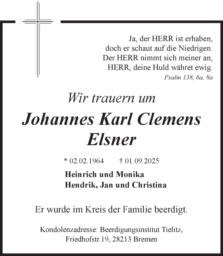  Traueranzeige für Johannes Karl Clemens Elsner vom 25.10.2025 aus Trauer Vest