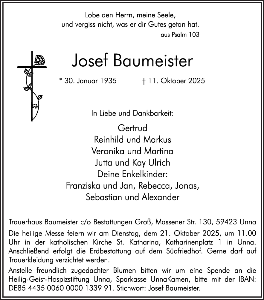  Traueranzeige für Josef Baumeister vom 17.10.2025 aus Hellweger Anzeiger