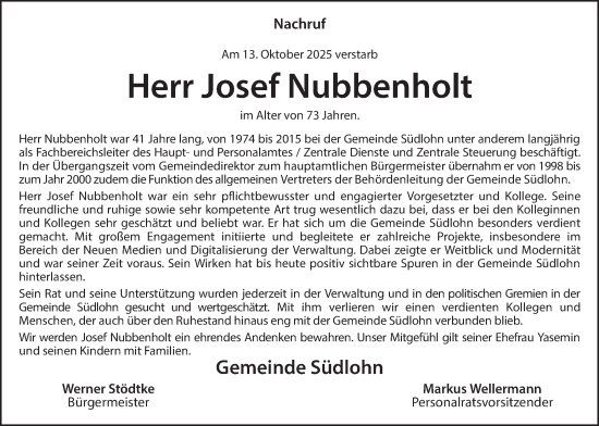 Traueranzeige von Josef Nubbenholt von Münsterland Zeitung