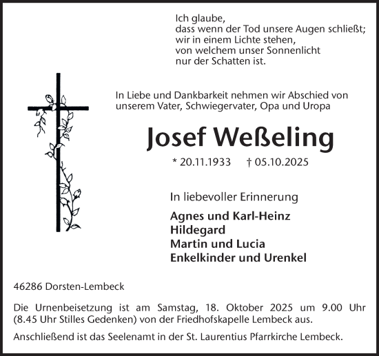 Traueranzeige von Josef Weßeling von Ruhr Nachrichten und Dorstener Zeitung