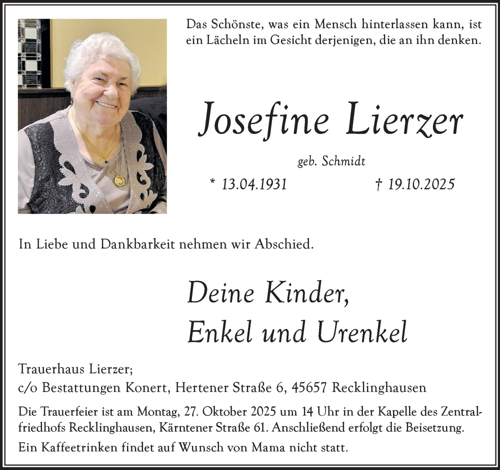  Traueranzeige für Josefine Lierzer vom 22.10.2025 aus Trauer Vest