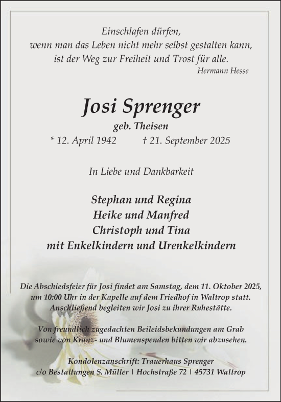 Traueranzeige von Josi Sprenger von Trauer Vest