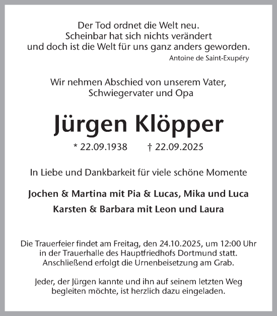 Traueranzeige von Jürgen Klöpper von Ruhr Nachrichten