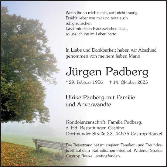 Traueranzeige von Jürgen Padberg von Stadtanzeiger Castrop-Rauxel