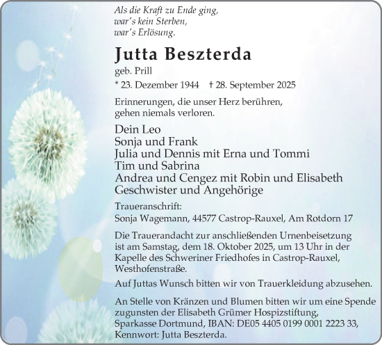 Traueranzeige von Jutta Beszterda von Stadtanzeiger Castrop-Rauxel