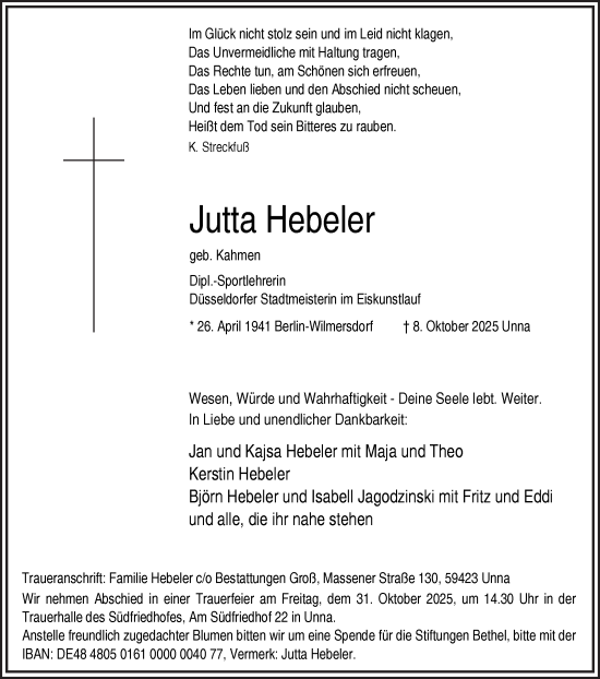 Traueranzeige von Jutta Hebeler von Hellweger Anzeiger