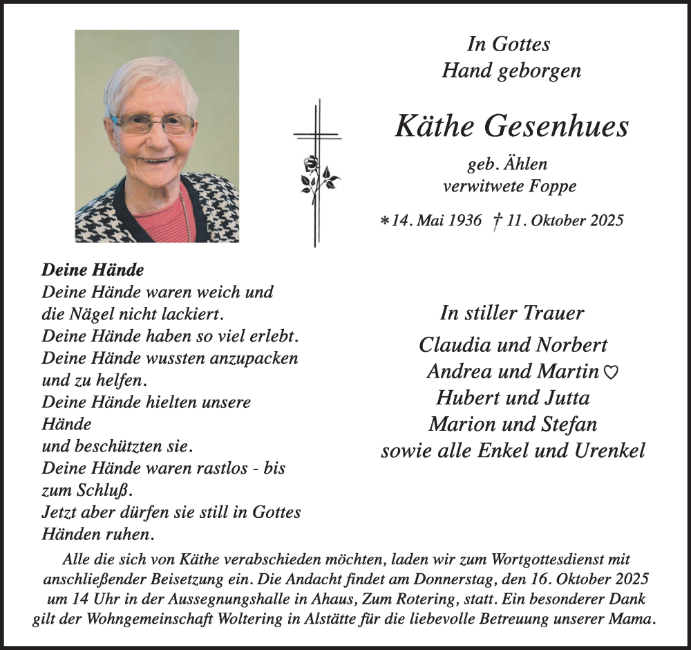 Traueranzeige für Käthe Gesenhues vom 15.10.2025 aus Münsterland Zeitung