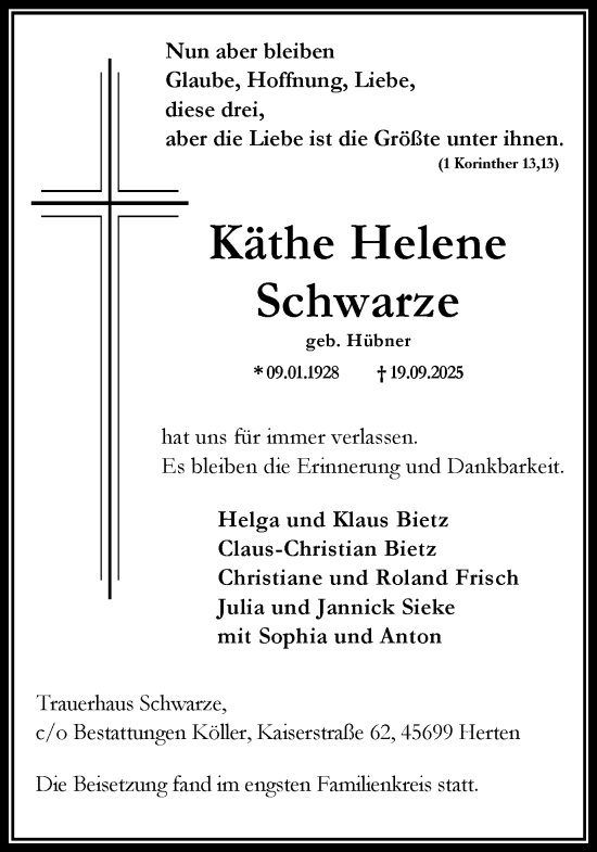Traueranzeige von Käthe Helene Schwarze von Trauer Vest