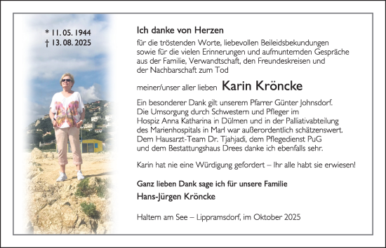Traueranzeige von Karin Kröncke von Ruhr Nachrichten und Halterner Zeitung
