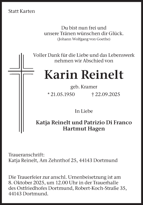 Traueranzeige von Karin Reinelt von Ruhr Nachrichten