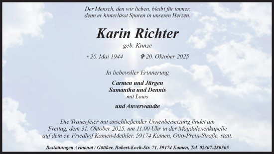 Traueranzeige von Karin Richter von Hellweger Anzeiger