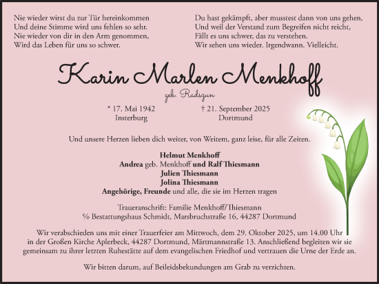 Traueranzeige von Karin Marlen Menkhoff von Ruhr Nachrichten