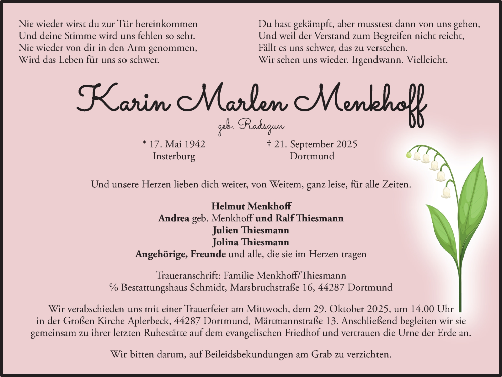  Traueranzeige für Karin Marlen Menkhoff vom 25.10.2025 aus Ruhr Nachrichten