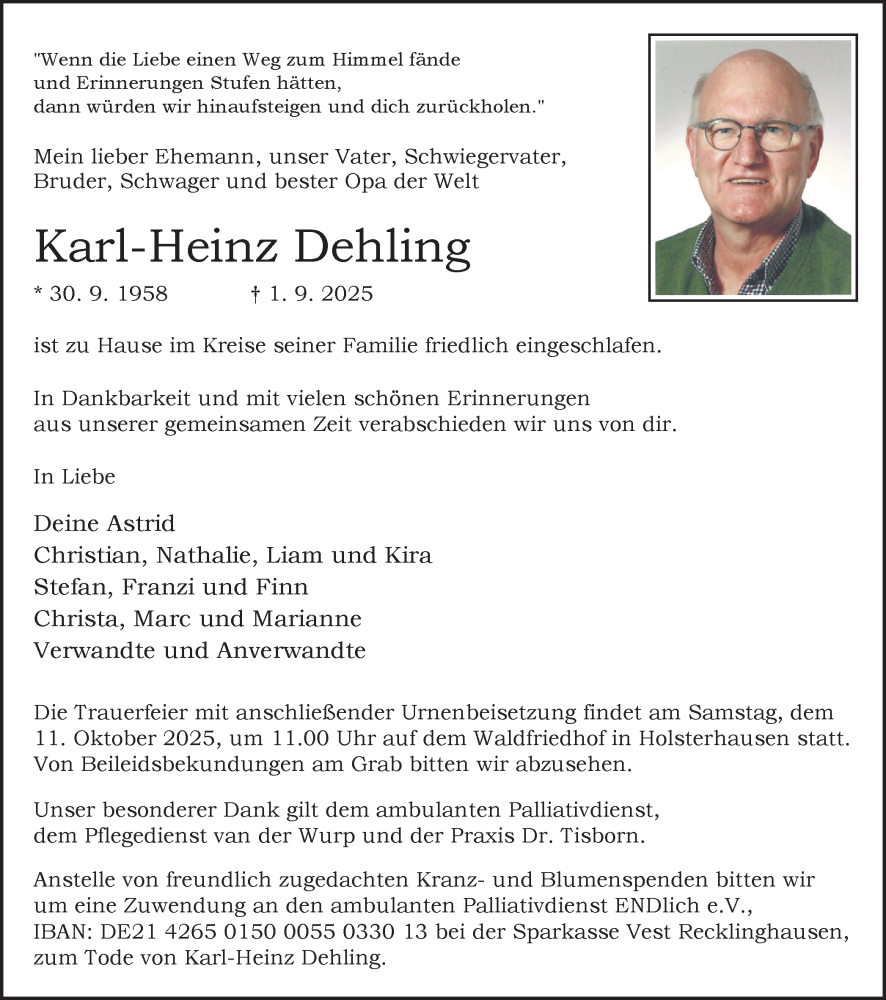  Traueranzeige für Karl-Heinz Dehling vom 04.10.2025 aus Ruhr Nachrichten und Dorstener Zeitung