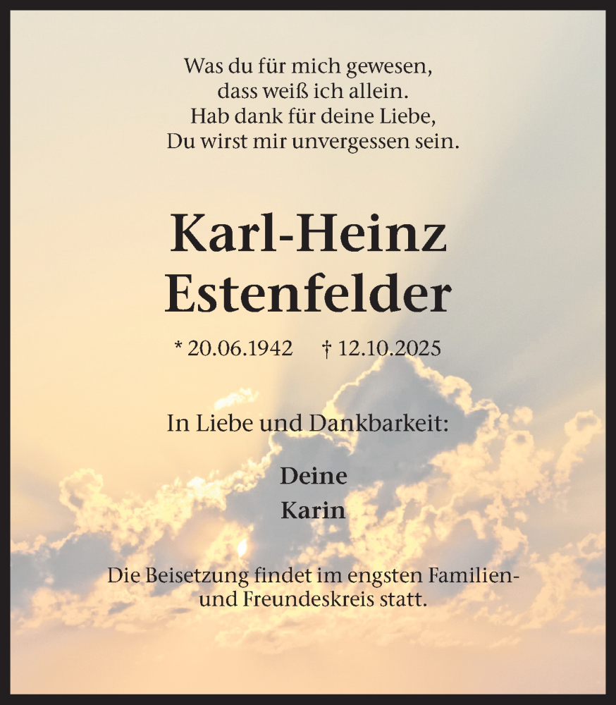  Traueranzeige für Karl-Heinz Estenfelder vom 25.10.2025 aus Trauer Vest