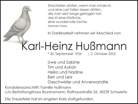 Traueranzeige von Karl-Heinz Hußmann von Ruhr Nachrichten