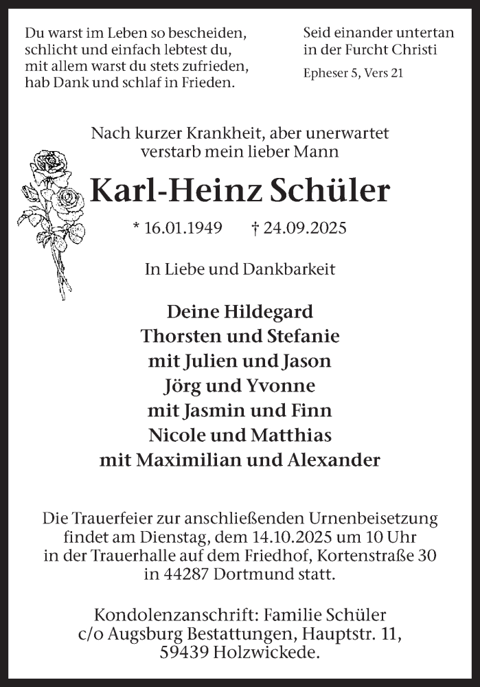  Traueranzeige für Karl-Heinz Schüler vom 11.10.2025 aus Ruhr Nachrichten
