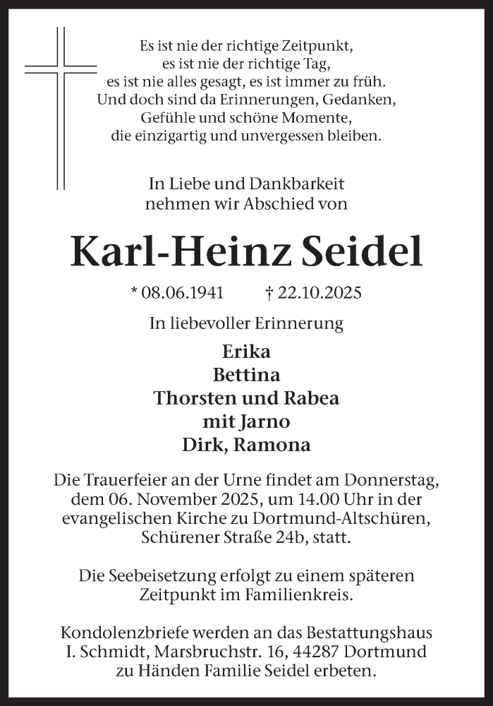  Traueranzeige für Karl-Heinz Seidel vom 01.11.2025 aus Ruhr Nachrichten