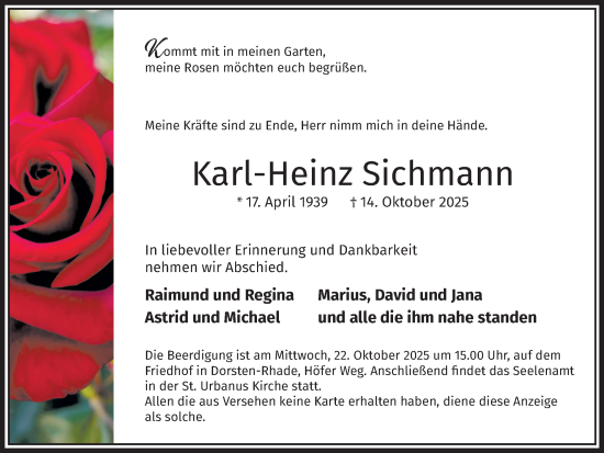 Traueranzeige von Karl-Heinz Sichmann von Ruhr Nachrichten und Dorstener Zeitung