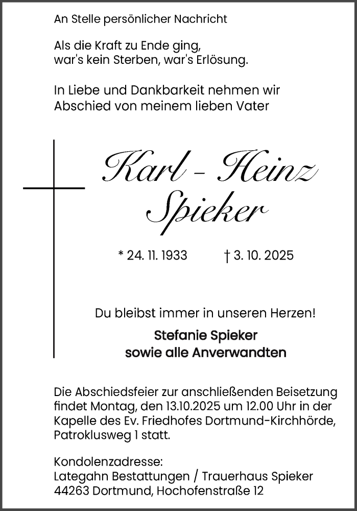  Traueranzeige für Karl-Heinz Spieker vom 11.10.2025 aus Ruhr Nachrichten