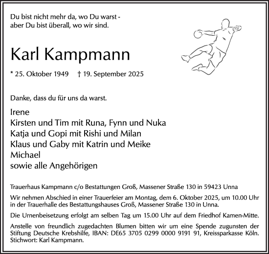 Traueranzeige von Karl Kampmann von Hellweger Anzeiger