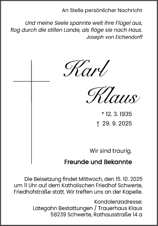 Traueranzeige von Karl Klaus von Ruhr Nachrichten